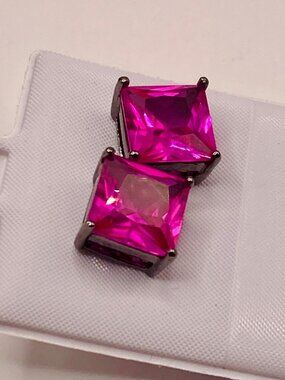 Square-Cut Fuchsia CZ Stud Earrings Silver-Tone -66B